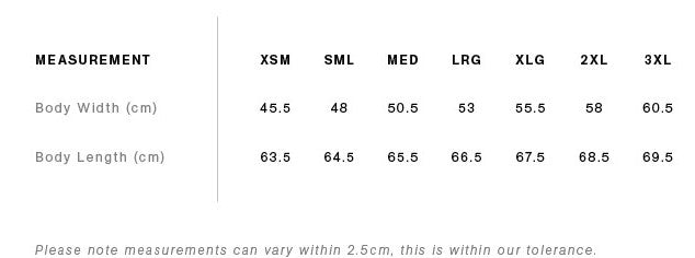Size chart for Sofi Tee - Womens