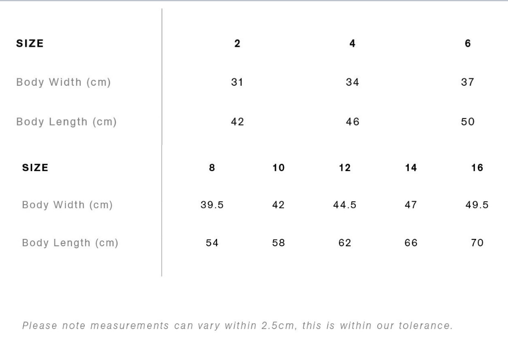 Size chart for Classic 1IN25 Tee - Kids